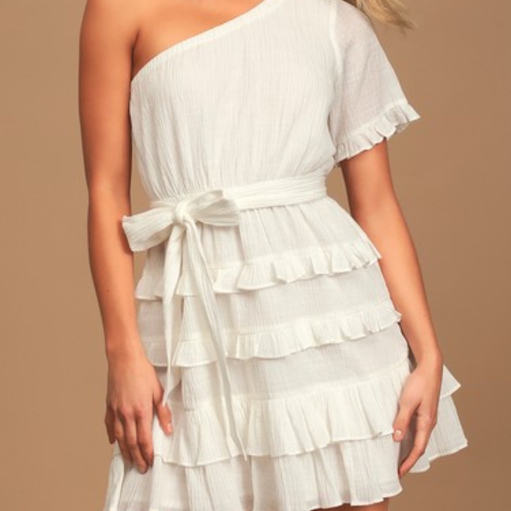 Lulus All the Love White One-Shoulder Tiered Ruffled Mini Dress MEDIUM